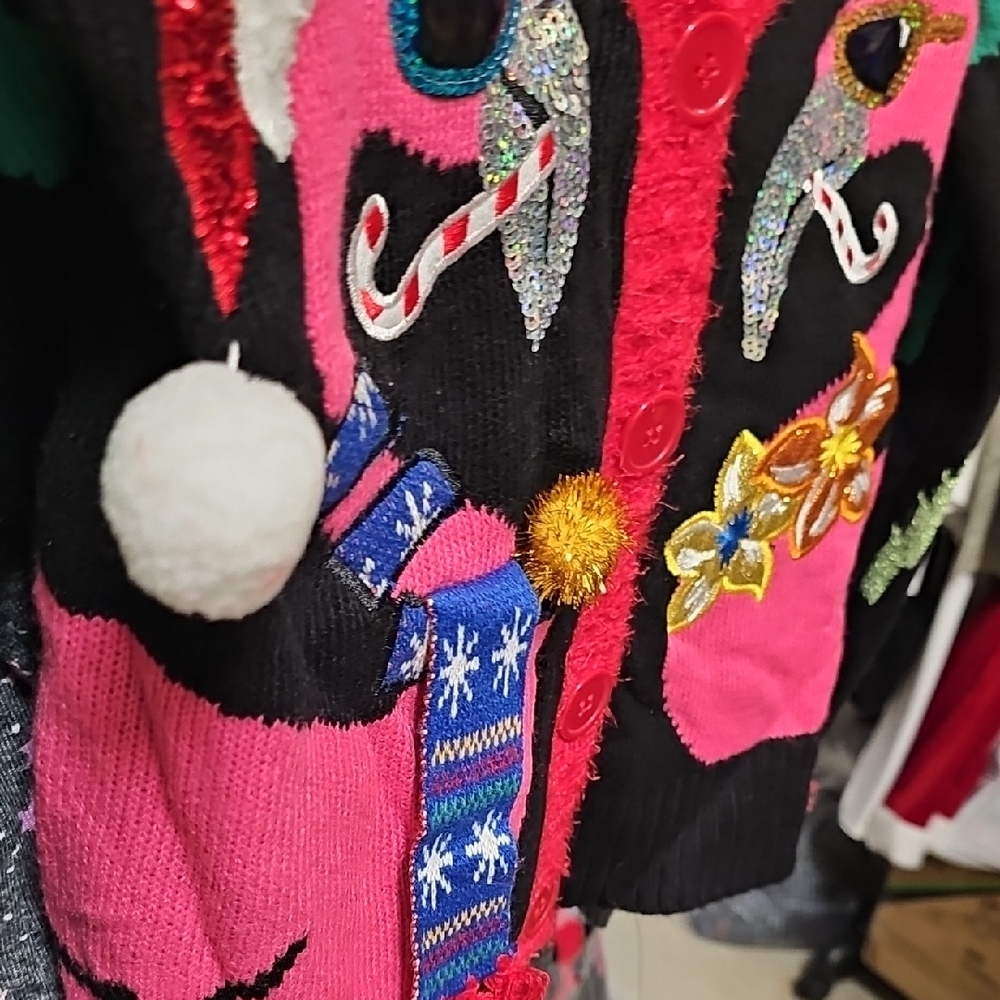 Nwt Christmas Flamingo Cardigan with Pom Poms - Picture 2 of 6